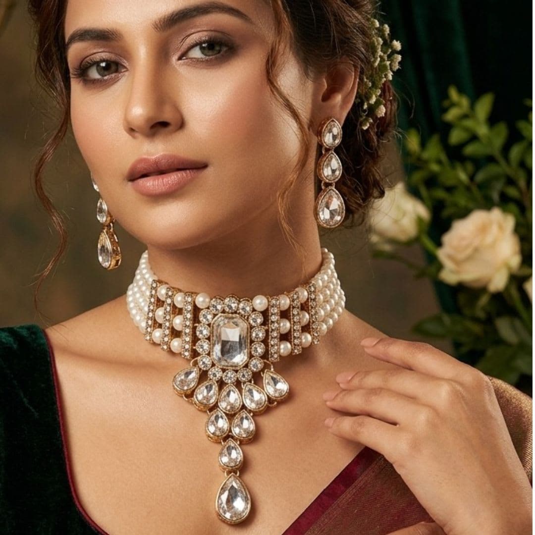 Manchaha Matte-Plated Pearl Choker Set - Gold - White