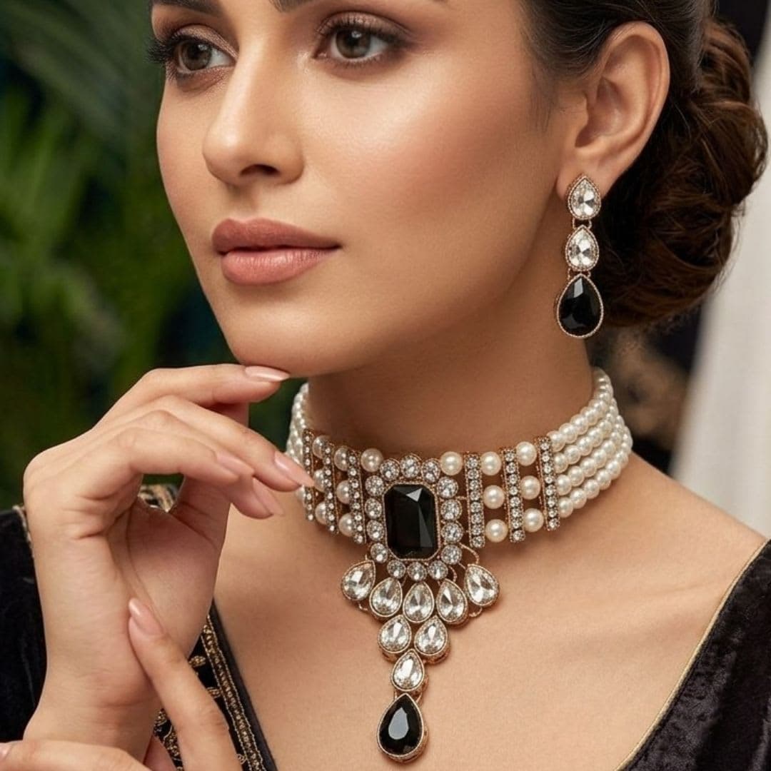 Manchaha Matte-Plated Pearl Choker Set - Gold - Black