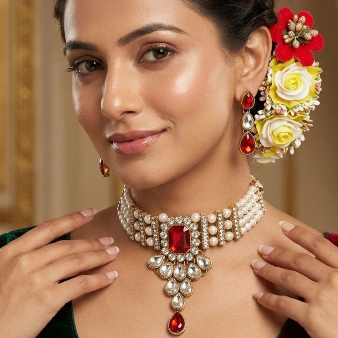Manchaha Matte-Plated Pearl Choker Set - Gold - Red
