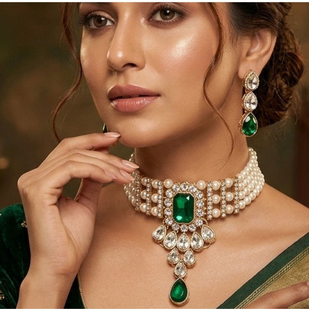Manchaha Matte-Plated Pearl Choker Set - Gold - Green