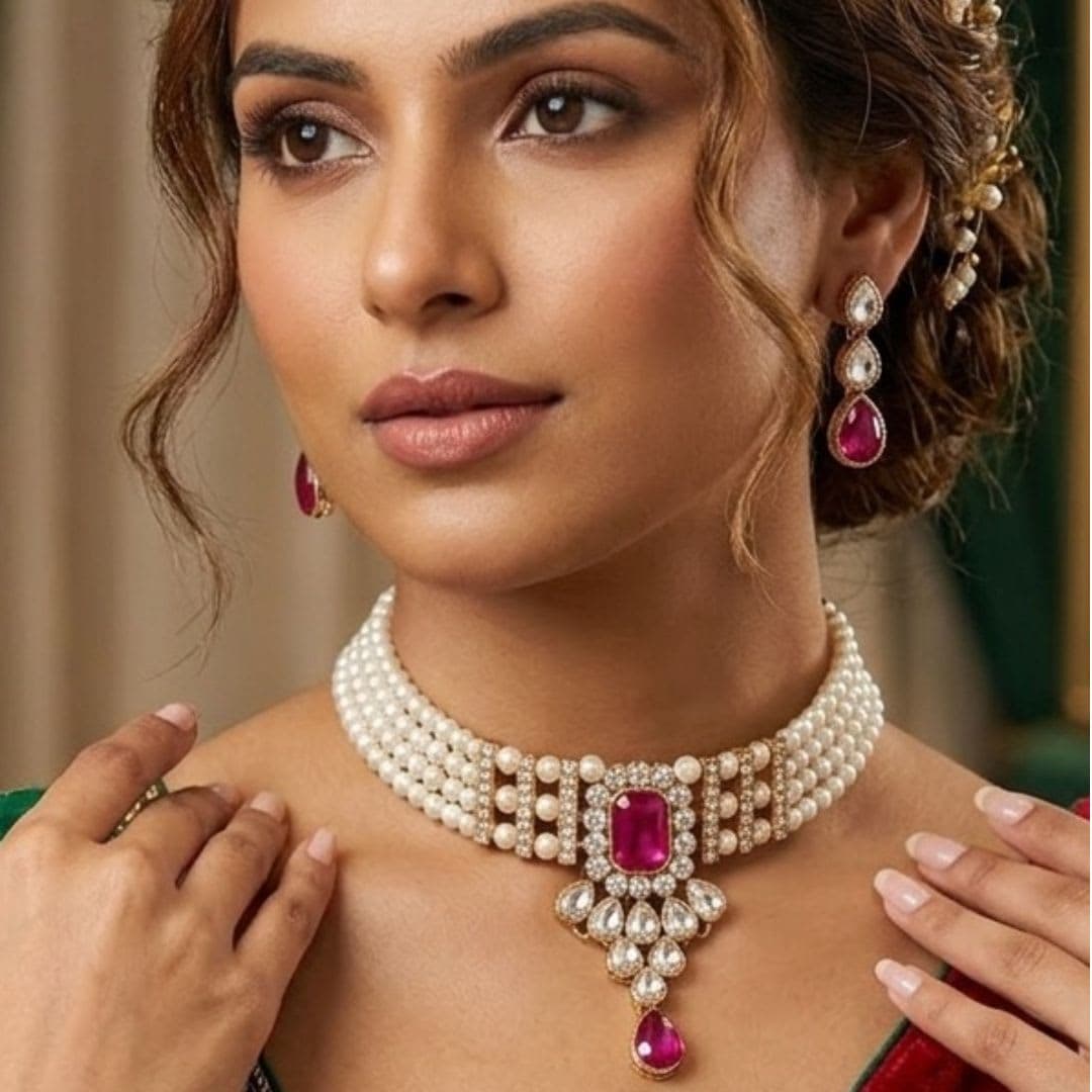 Manchaha Matte-Plated Pearl Choker Set - Gold - Pink