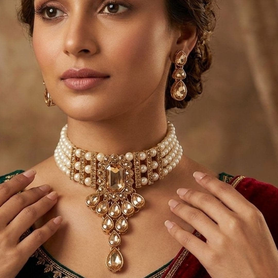 Manchaha Matte-Plated Pearl Choker Set - Gold