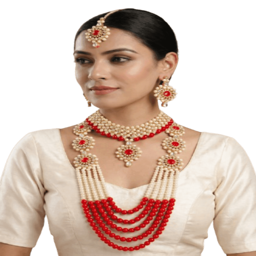 Manchaha Gold Plated Combo Jewellery Set - White - Red