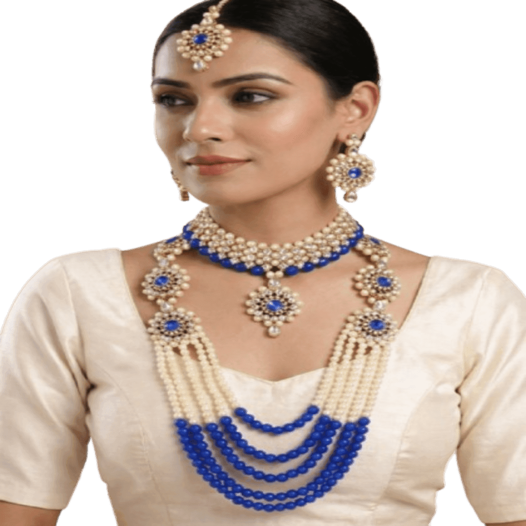Manchaha Gold Plated Combo Jewellery Set - White - Blue