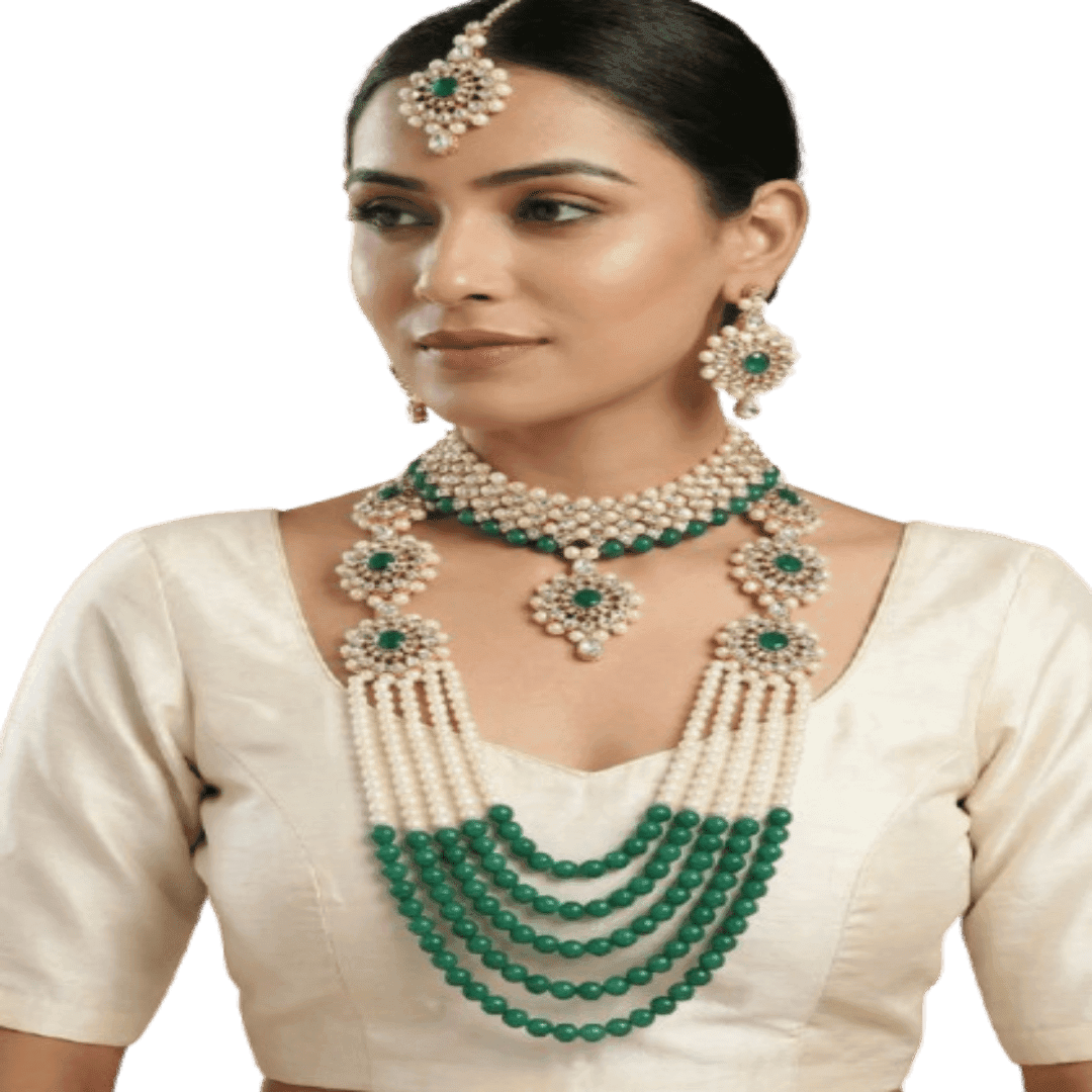 Manchaha Gold Plated Combo Jewellery Set - White - Green