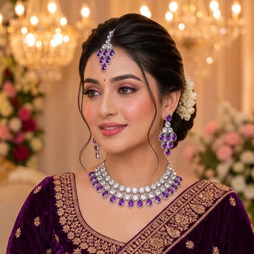 Manchaha Silver Plated Kundan Necklace - Babypink - Purple