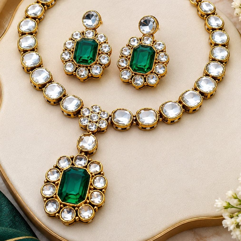 Manchaha Matte Gold Plated Finish, Green Kundan, White Stones
