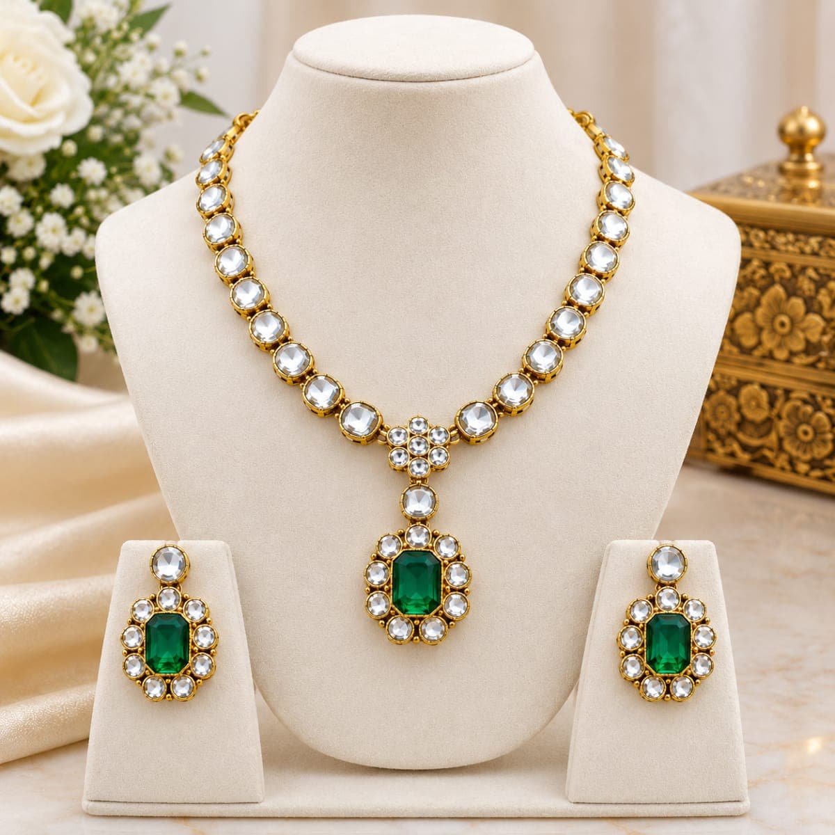 Manchaha Matte Gold Plated Finish, Green Kundan, White Stones