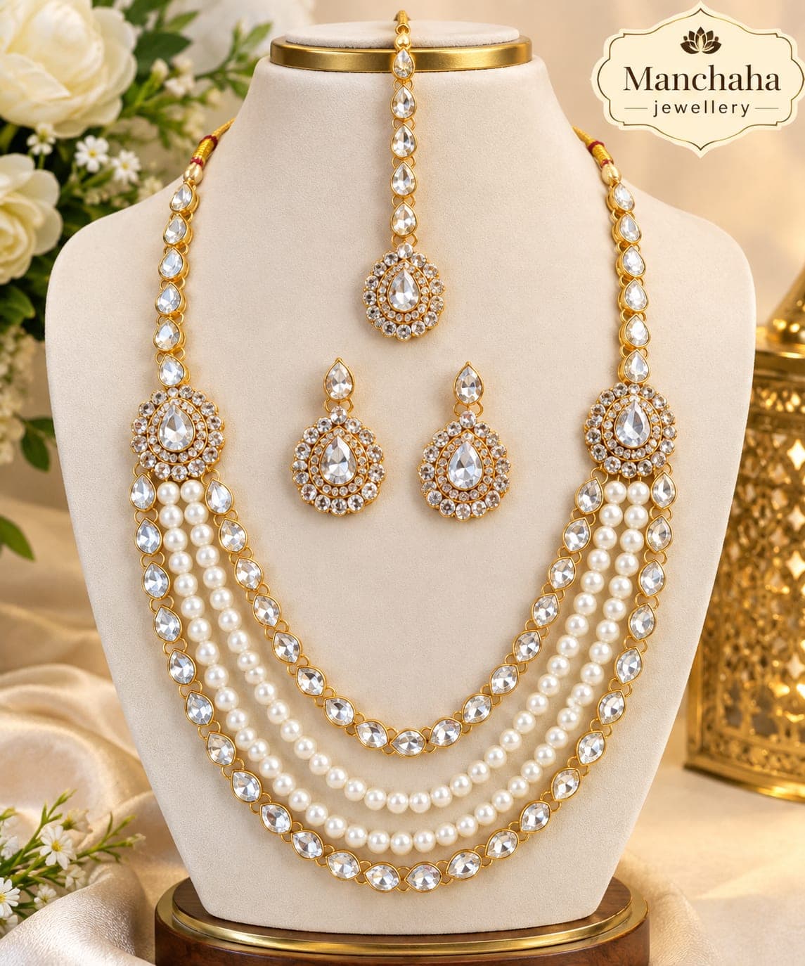 Manchaha Gold Plated Kundan Pearl Bridal Layered Necklace