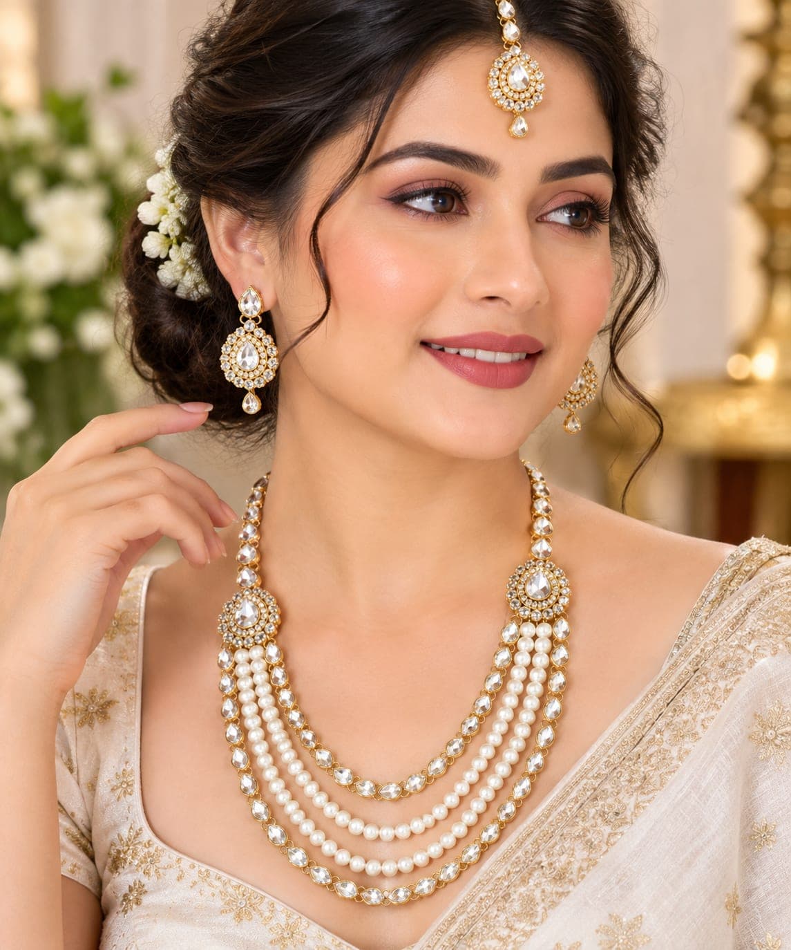 Manchaha Gold Plated Kundan Pearl Bridal Layered Necklace