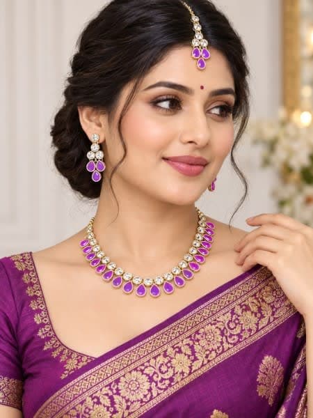 Manchaha Silver Purple Kundan Set