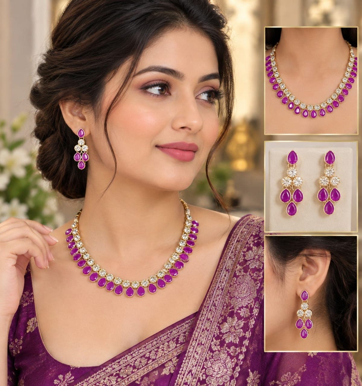 Manchaha Silver Purple Kundan Set