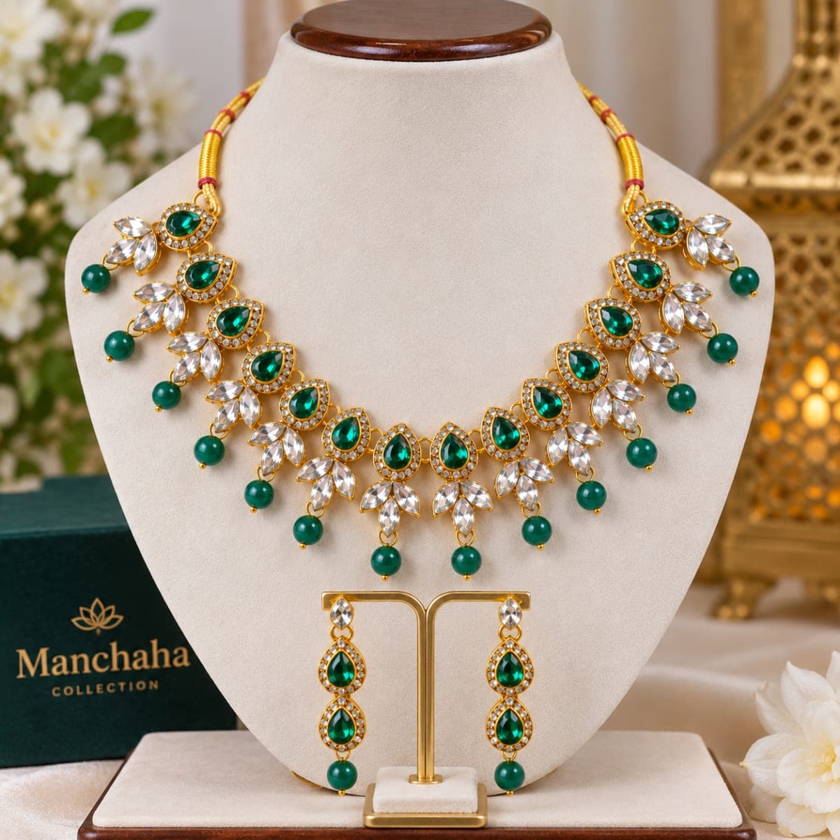 Manchaha Green Kundan & White Stone Set