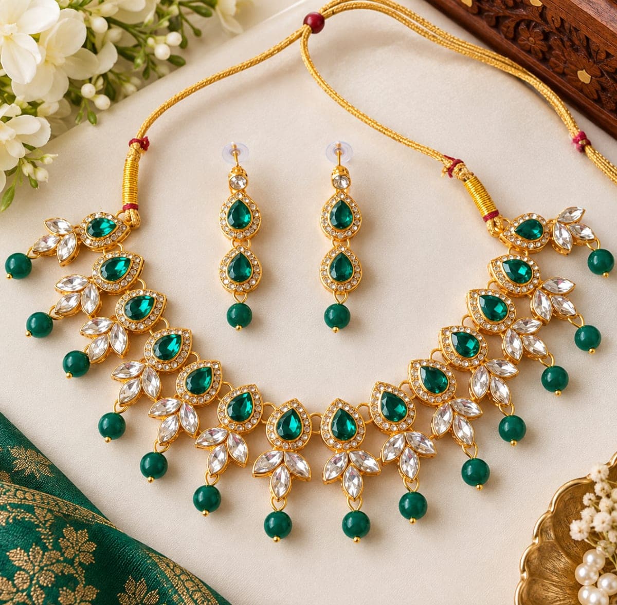 Manchaha Green Kundan & White Stone Set