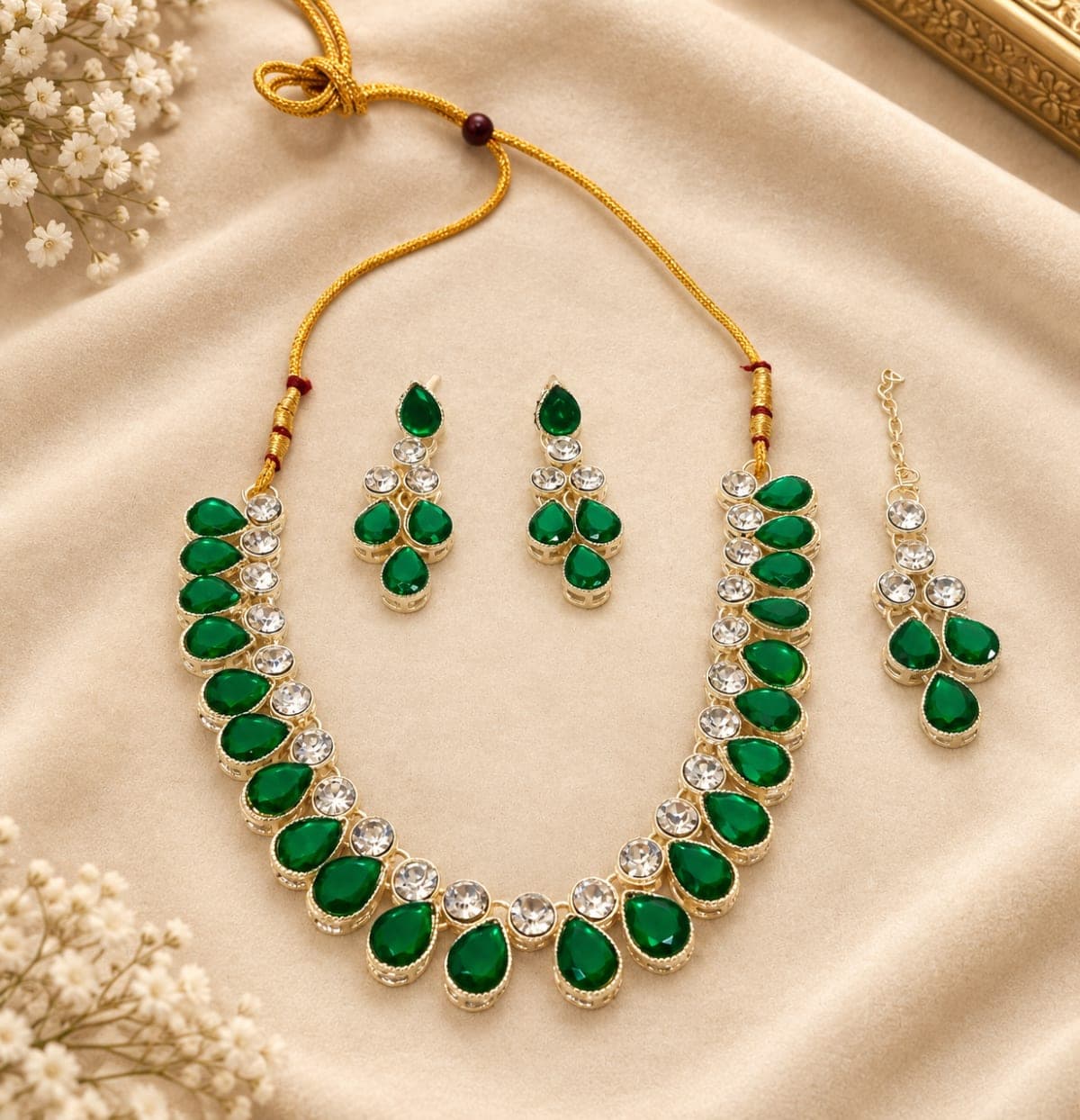 Manchaha Silver Necklace Set-White - Green