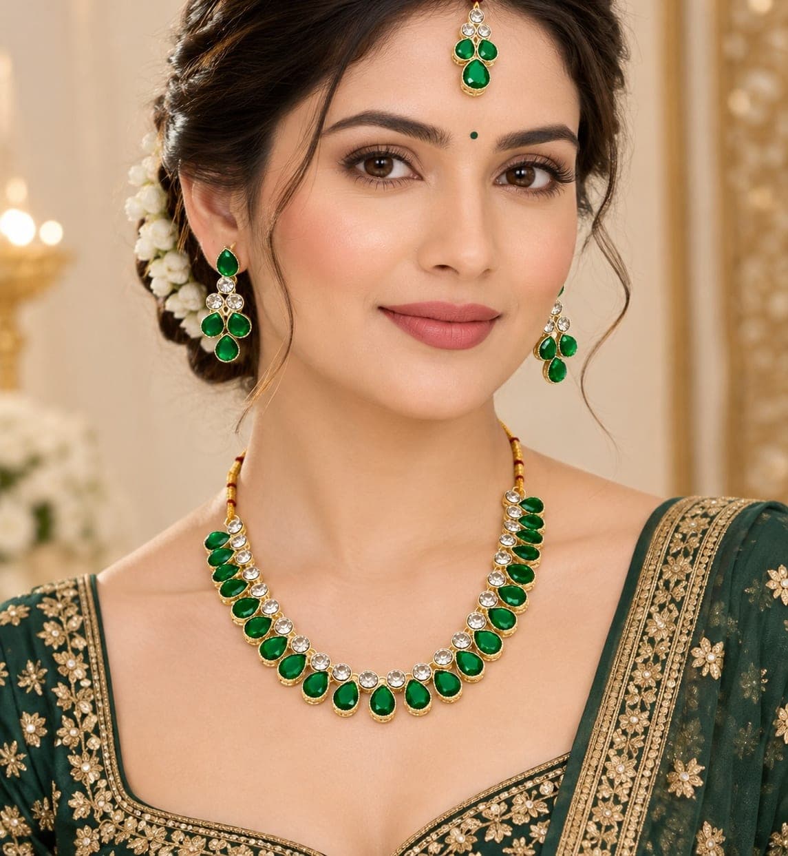 Manchaha Silver Necklace Set-White - Green