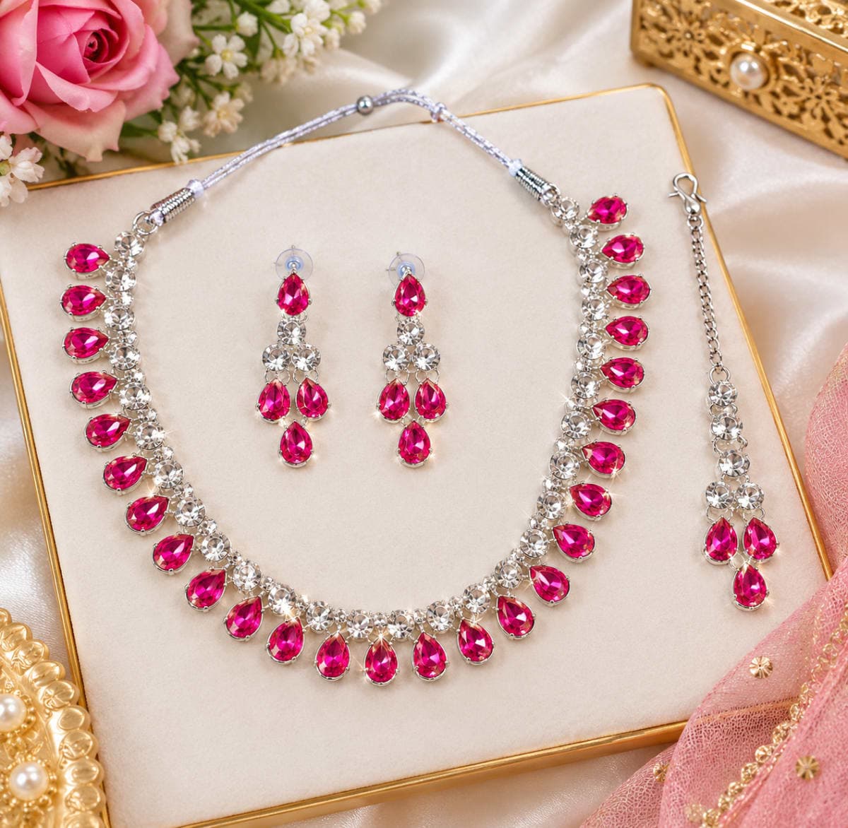 Manchaha Silver Necklace Set-White - Pink
