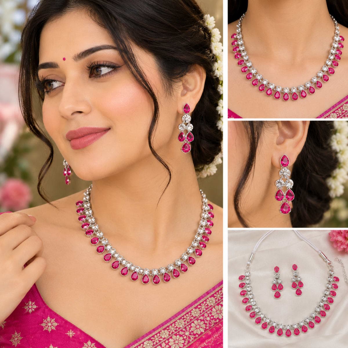 Manchaha Silver Necklace Set-White - Pink