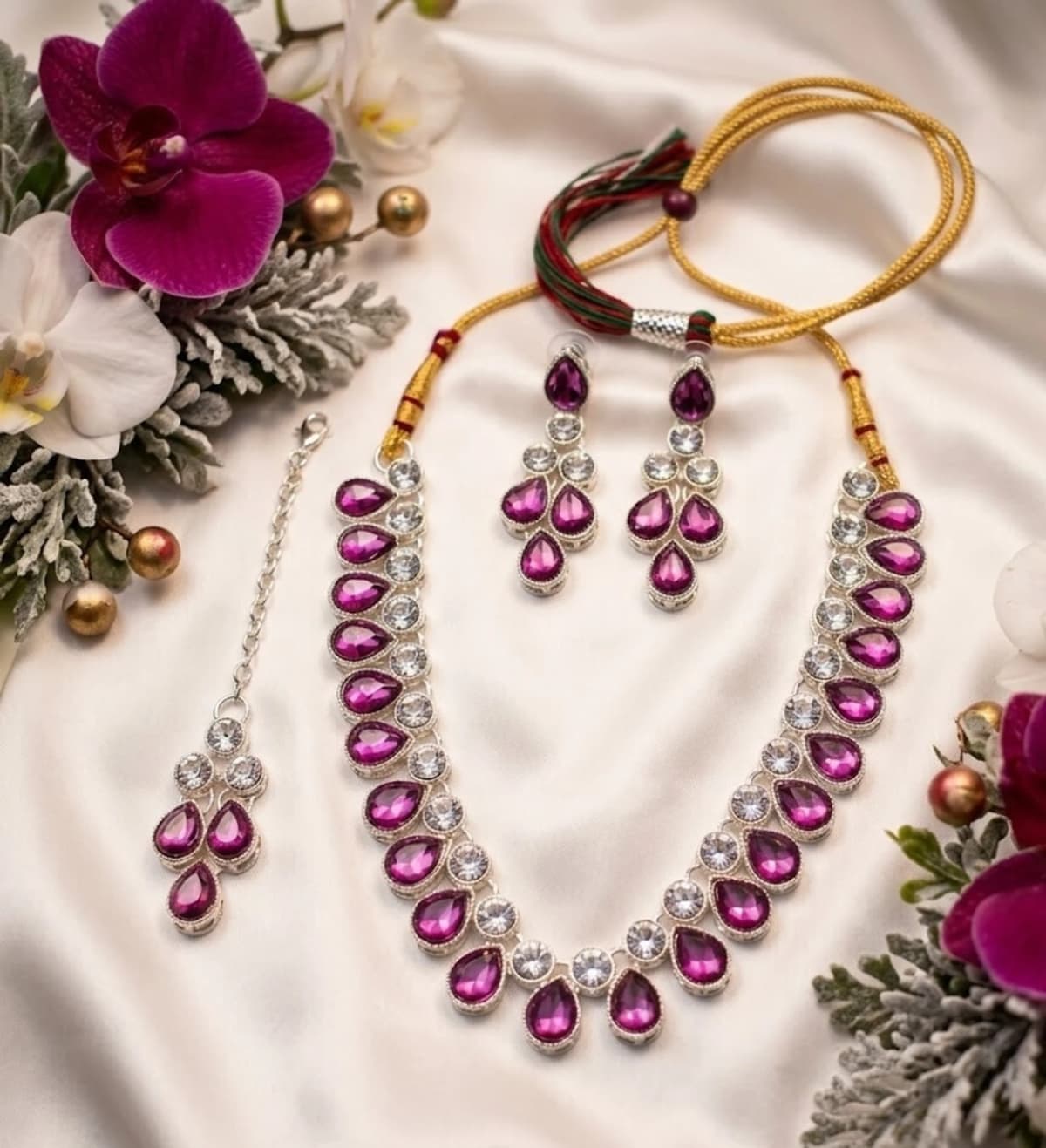 Manchaha Silver Necklace Set-White - Purple