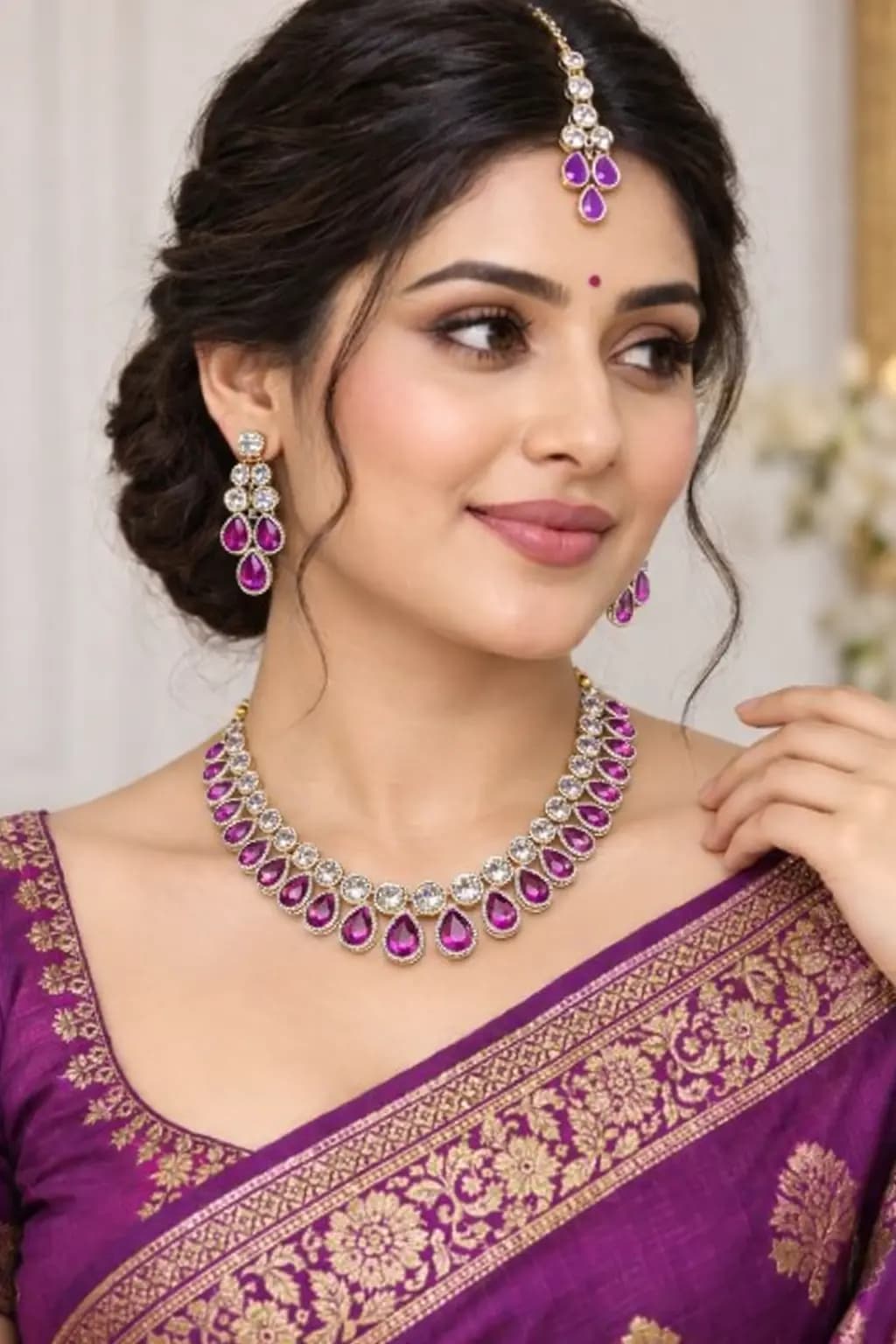 Manchaha Silver Necklace Set-White - Purple