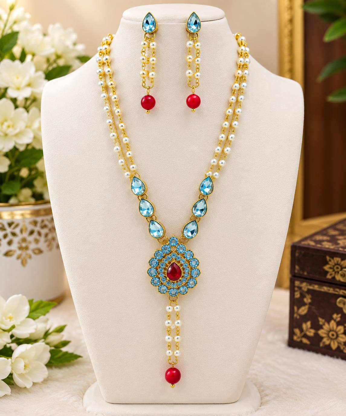 Manchaha Moti Chain Long Necklace for Women-Green - Red